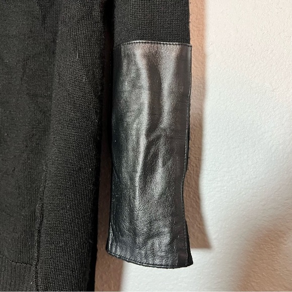 Worth Black Open Front Wool Knit Cardigan Sweater Size Small Leather Detail Long - Picture 8 of 10